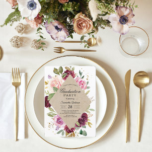 Rustic Burgundy Kraft Colourful Floral Frame Invitation