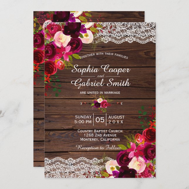 Rustic Burgundy Lace Floral | Barn Country Wedding Invitation (Front/Back)
