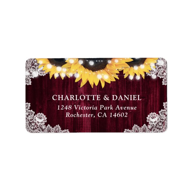 Rustic Burgundy Lace Sunflower Address Labels (Front)