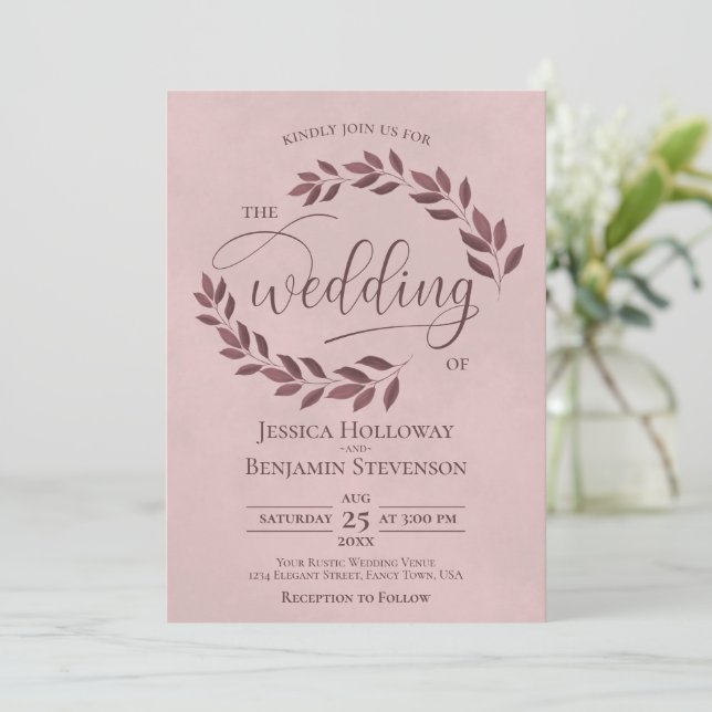Rustic Burgundy Leaves Elegant Dusty Rose Wedding Invitation (Standing Front)