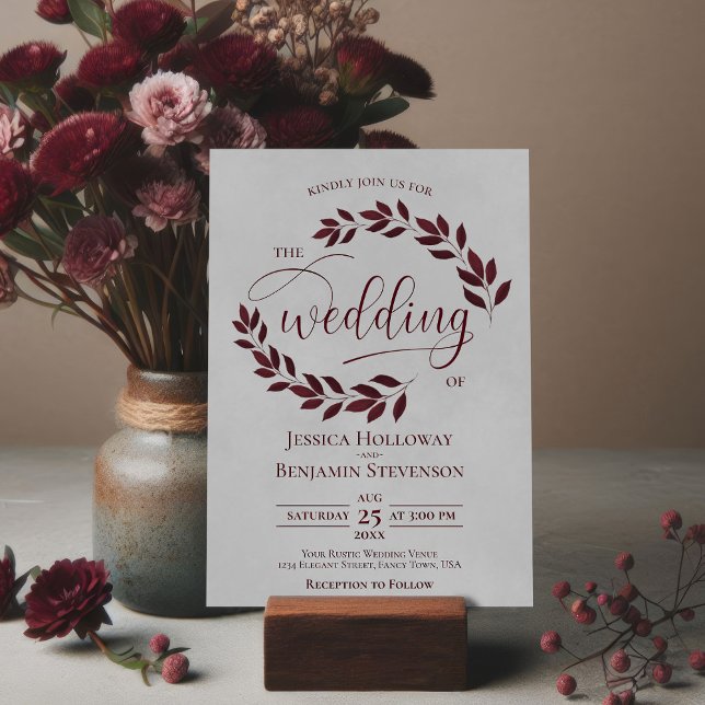Rustic Burgundy Leaves Elegant Grey Wedding Invitation (Creator Uploaded)