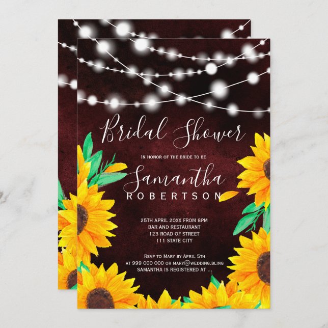 Rustic burgundy lights sunflowers bridal shower invitation (Front/Back)