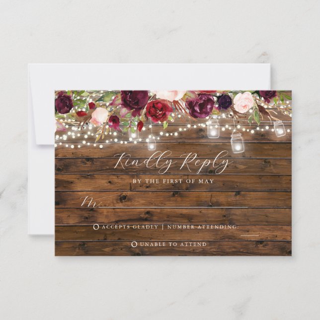 Rustic Burgundy Lights Wedding RSVP Card (Front)