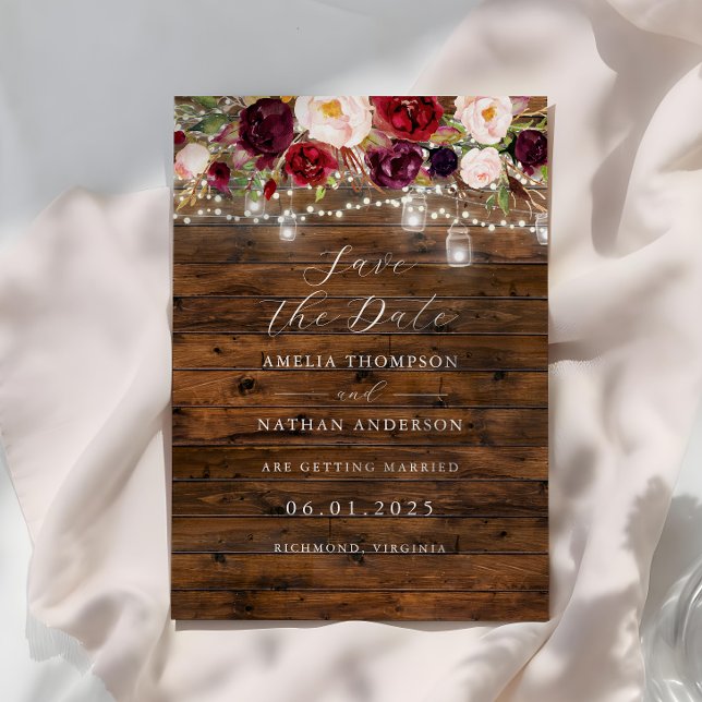 Rustic Burgundy Lights Wedding Save The Date Invitation (Creator Uploaded)