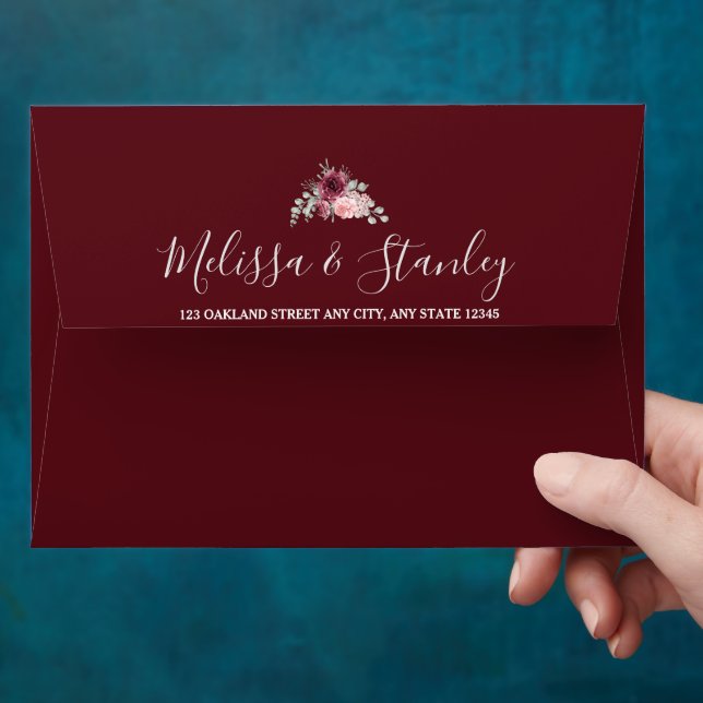 Rustic Burgundy Marsala and Pink Floral Wedding Envelope (Hand)