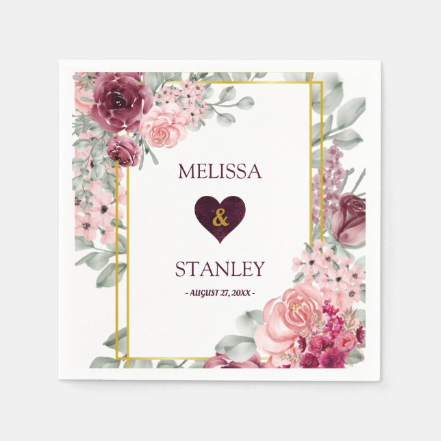 Rustic Burgundy Marsala and Pink Floral Wedding Napkin (Front)