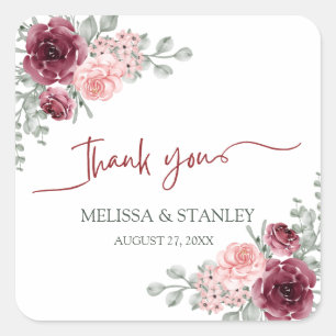 Rustic Burgundy Marsala and Pink Floral Wedding Square Sticker
