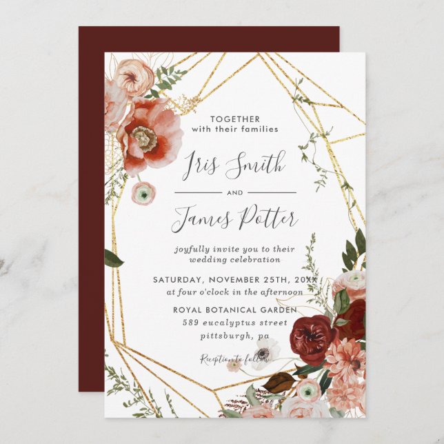 Rustic Burgundy Marsala Blush Floral Wedding Invitation (Front/Back)