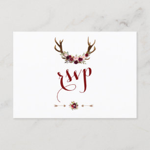 Rustic Burgundy Marsala Floral Antlers RSVP Card