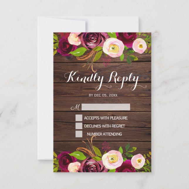 Rustic Burgundy Marsala Floral | Barn Wood Wedding RSVP Card (Front)