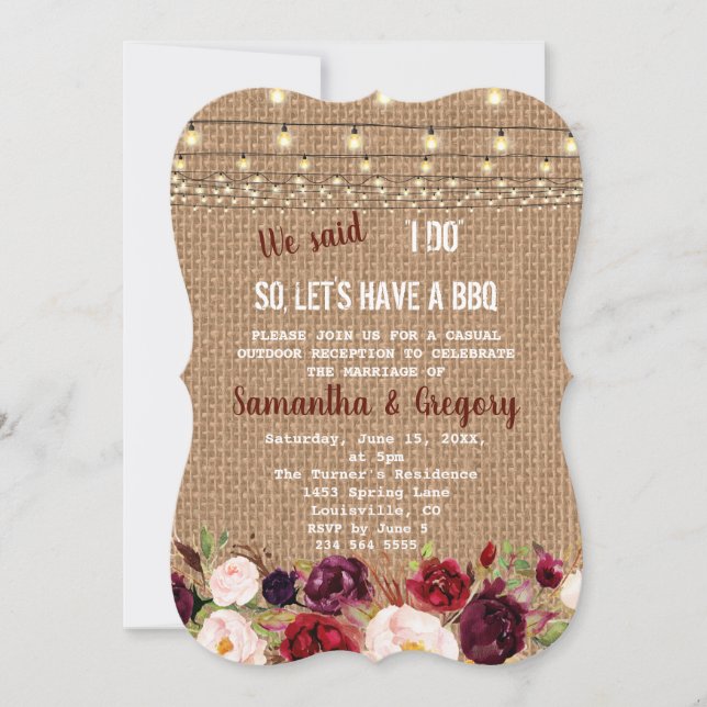 Rustic Burgundy Marsala Floral Burlap I DO BBQ Invitation (Front)