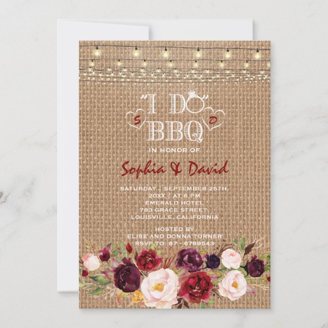 Rustic Burgundy Marsala Floral BurlapI DO BBQ Invitation (Front)
