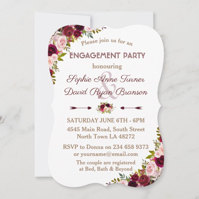 Rustic Burgundy Marsala Floral Engagement Party Invitation (Front)
