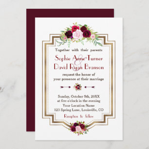 Rustic Burgundy Marsala Floral Gold Fall Wedding Invitation