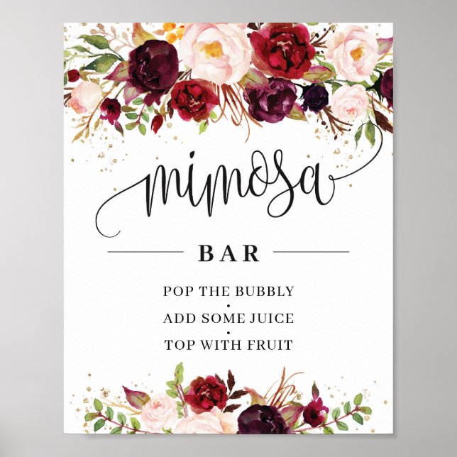 Rustic burgundy marsala floral mimosa bar sign (Front)