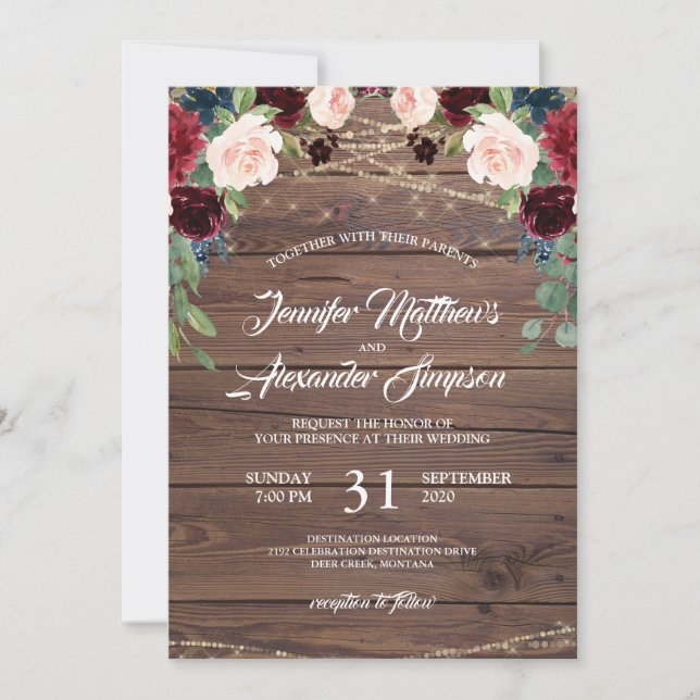 Rustic Burgundy Marsala Floral Wedding Invitation (Front)