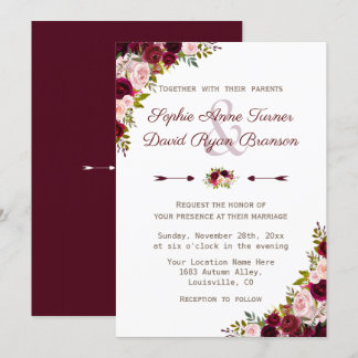 Rustic Burgundy Marsala Floral Wedding Invitation