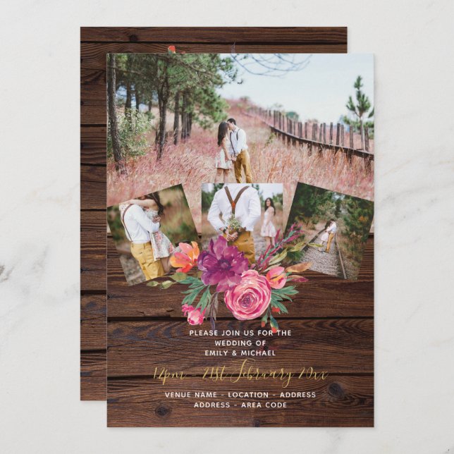 Rustic Burgundy Marsala PHOTO COLLAGE WEDDING Invitation (Front/Back)