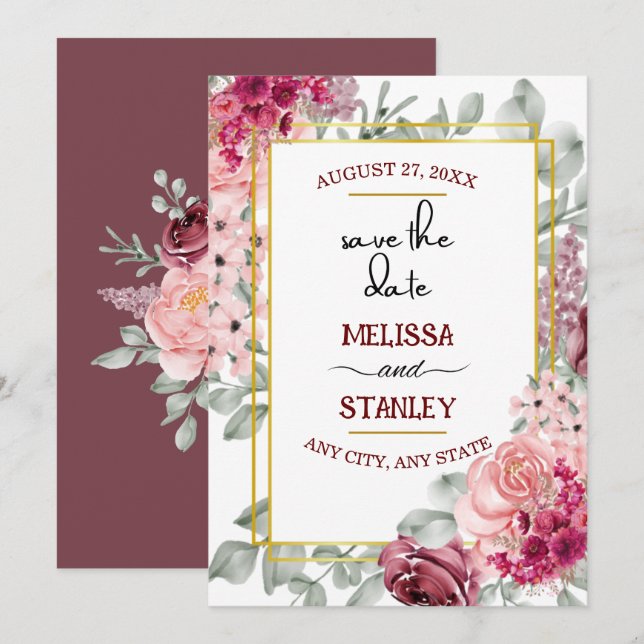 Rustic Burgundy Marsala Pink Floral Save the Date Invitation (Front/Back)