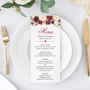 Rustic Burgundy Marsala Red Floral Wedding Menu
