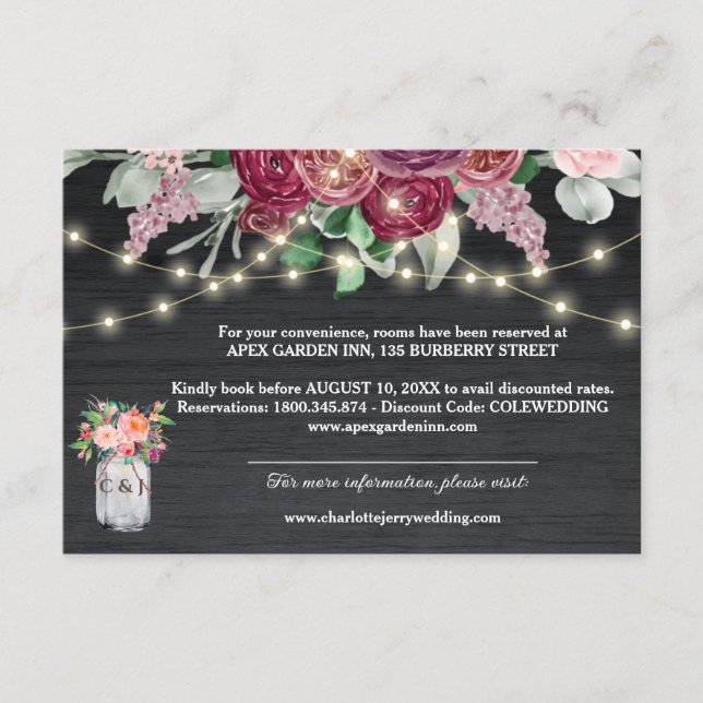 Rustic Burgundy Mason Jar Lights Wedding Details Enclosure Card (Front)