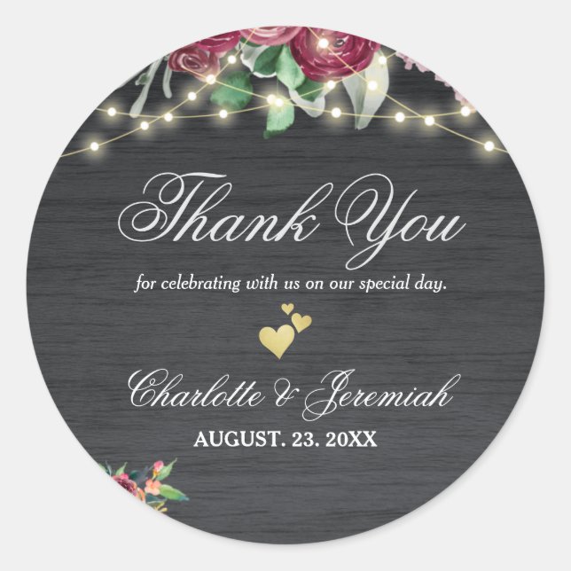 Rustic Burgundy Mason Jar Lights Wedding Thank You Classic Round Sticker (Front)