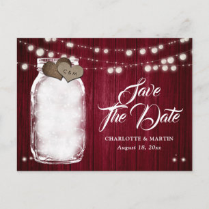 Rustic Burgundy Mason Jar Wedding Save The Date Announcement Postcard