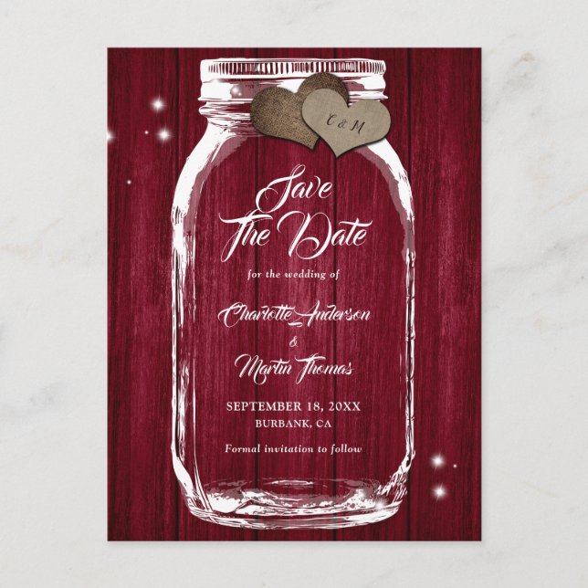 Rustic Burgundy Mason Jar Wedding Save The Date Announcement Postcard (Front)