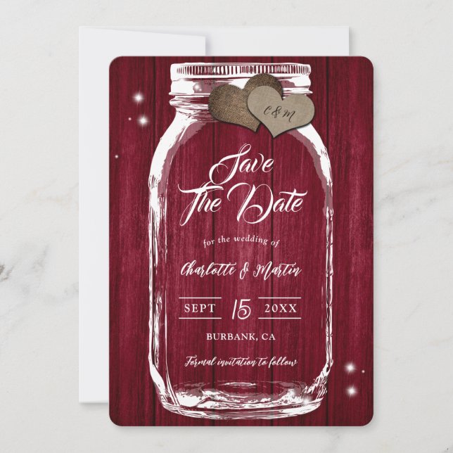 Rustic Burgundy Mason Jar Wood Fall Wedding Save The Date (Front)