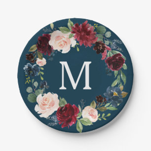 Rustic Burgundy Monogram Bridal Shower Paper Plate