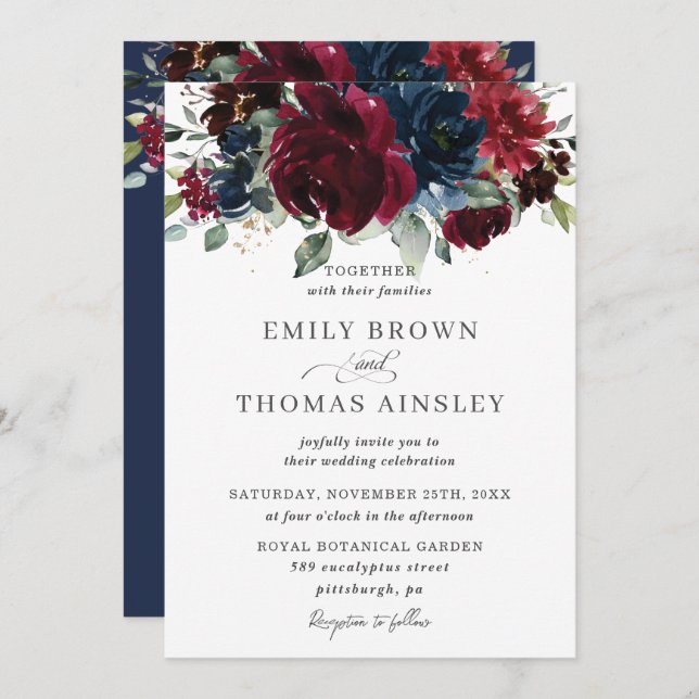 Rustic Burgundy Navy Blue Floral Greenery Wedding Invitation (Front/Back)