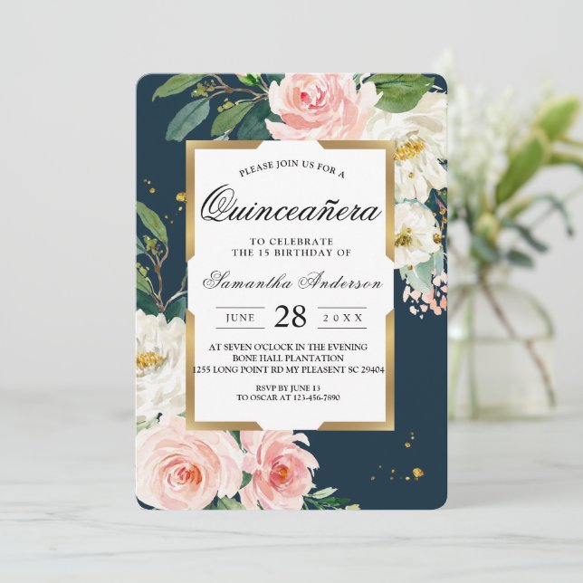 Rustic Burgundy Navy Blue & Pink Floral Gold Frame Invitation (Standing Front)