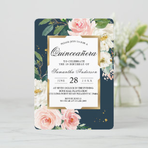 Rustic Burgundy Navy Blue & Pink Floral Gold Frame Invitation