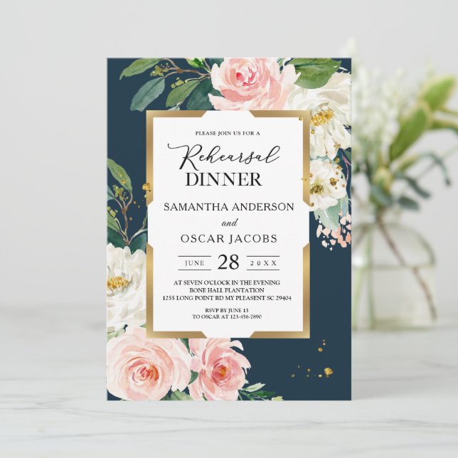 Rustic Burgundy Navy Blue & Pink Floral Gold Frame Invitation (Standing Front)