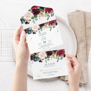 Rustic Burgundy Navy Blue & Red Beauty Flowers All In One Invitation