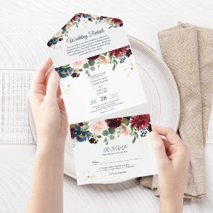 Rustic Burgundy Navy Blue & Red Beauty Flowers All In One Invitation
