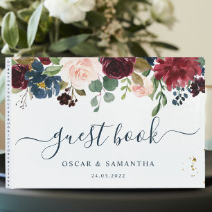 Rustic Burgundy Navy Blue & Red Beauty Flowers  Guest Book