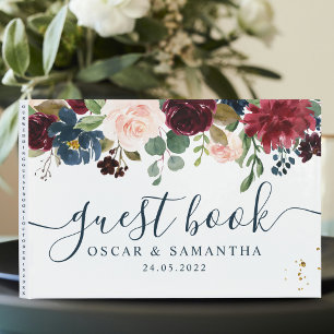 Rustic Burgundy Navy Blue & Red Beauty Flowers  Guest Book
