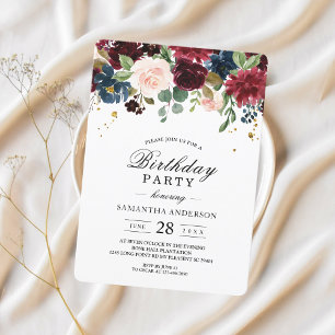 Rustic Burgundy Navy Blue & Red Beauty Flowers  Invitation