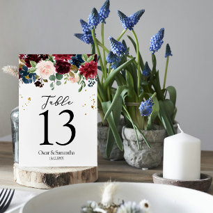 Rustic Burgundy Navy Blue & Red Beauty Flowers Table Number