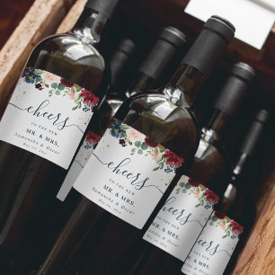 Rustic Burgundy Navy Blue & Red Beauty Flowers Wine Label