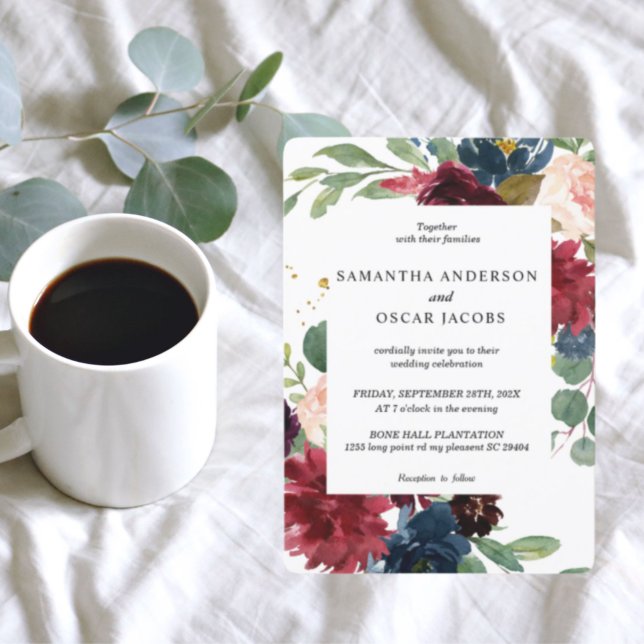 Rustic Burgundy Navy Blue & Red Floral Frame Invitation (Creator Uploaded)