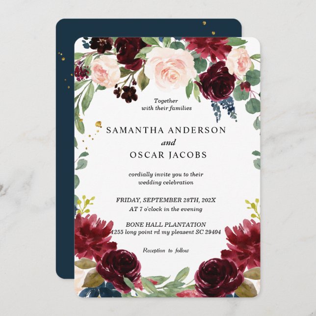 Rustic Burgundy Navy Blue & Red Flowers Frame Invitation (Front/Back)