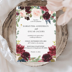 Rustic Burgundy Navy Blue & Red Flowers Frame Invitation