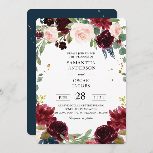Rustic Burgundy Navy Blue & Red Flowers Frame Invitation (Front/Back)