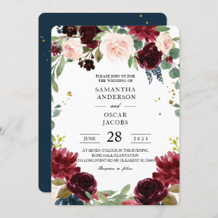 Rustic Burgundy Navy Blue & Red Flowers Frame Invitation