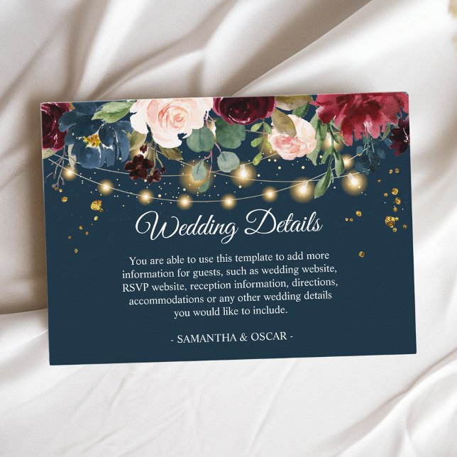 Rustic Burgundy Navy Blue & Red  Flowers  & Lights Enclosure Card (Creator Uploaded)