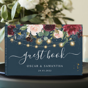 Rustic Burgundy Navy Blue & Red  Flowers & Lights Guest Book