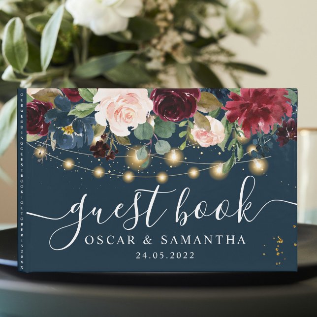 Rustic Burgundy Navy Blue & Red  Flowers & Lights Guest Book (Creator Uploaded)