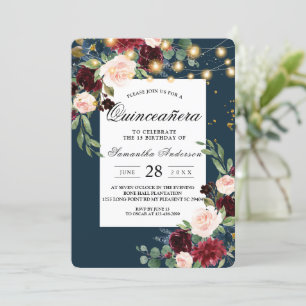Rustic Burgundy Navy Blue & Red Flowers  & Lights Invitation